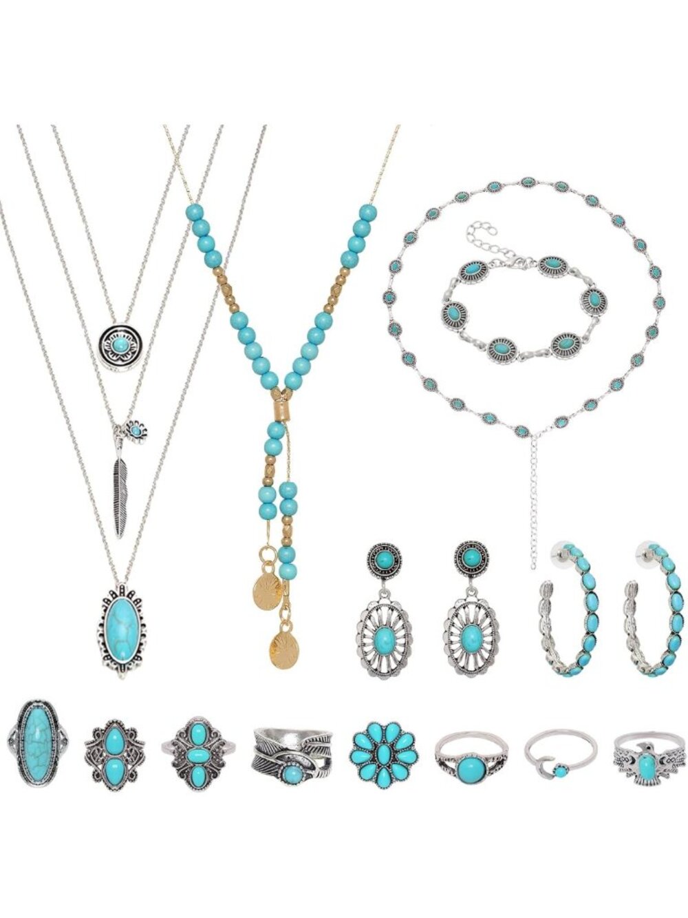 17pcs Bohemian Turquoise Jewelry Set - Boho Necklace, Earrings, Bracelet & Rings